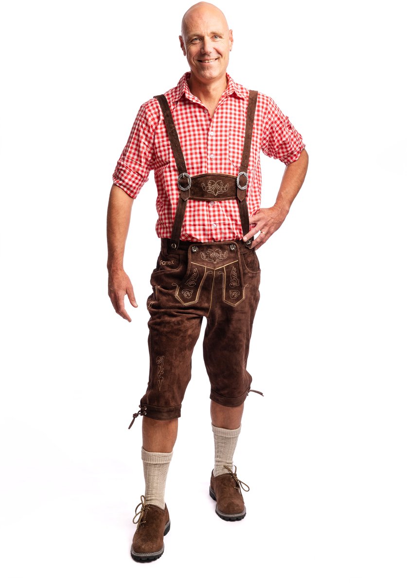 Samex® Lederhosen Man - Oktoberfest Kostuum Heren - Lange Lederhose - Koeienleer - Verkleedkleren mannen - Carnavalskleding - Middelbruin - Maat 48 (M)