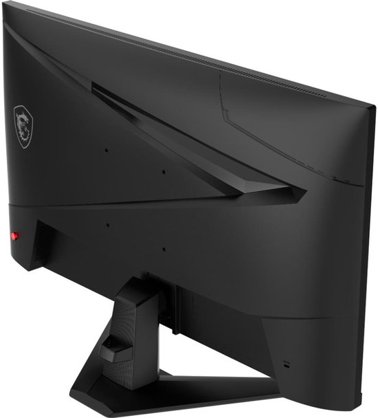 Achterkant van een zwarte MSI gaming monitor met een drakenlogo, schuin van achteren gezien.