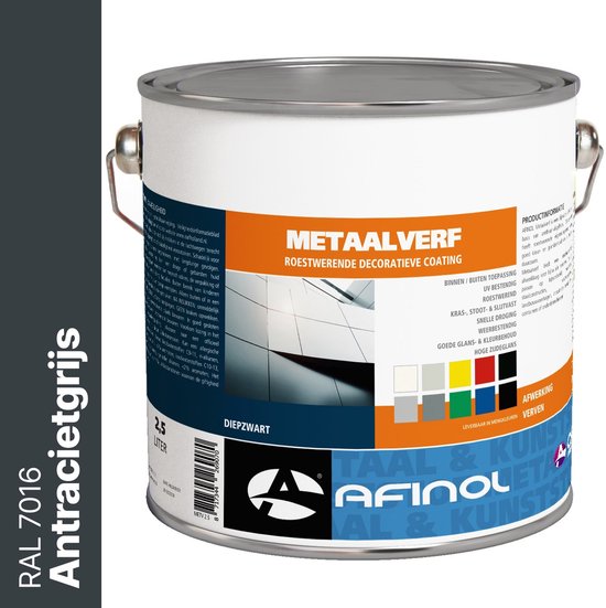 Blik metaalverf Antracietgrijs RAL 7016. Met productinformatie en kleurstalen.