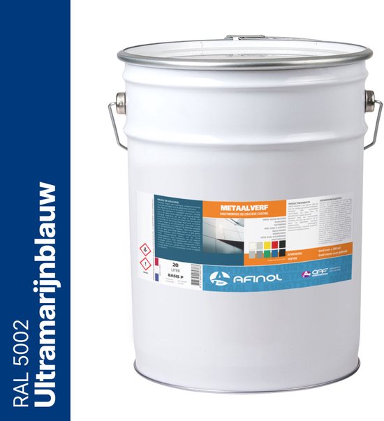 Witte emmer metaalverf, 20 liter, in Ultramarijnblauw RAL 5002.