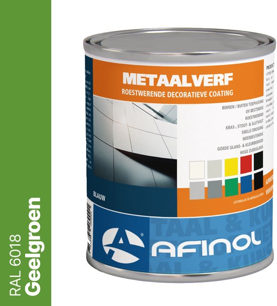 Blik metaalverf in de kleur geelgroen (RAL 6018), label met kleurstaaltjes.