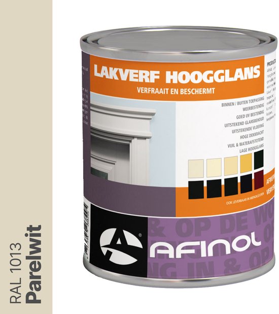 Blik Afinol Hoogglans Lakverf Parelwit (RAL 1013). Verticale tekst RAL 1013 Parelwit.