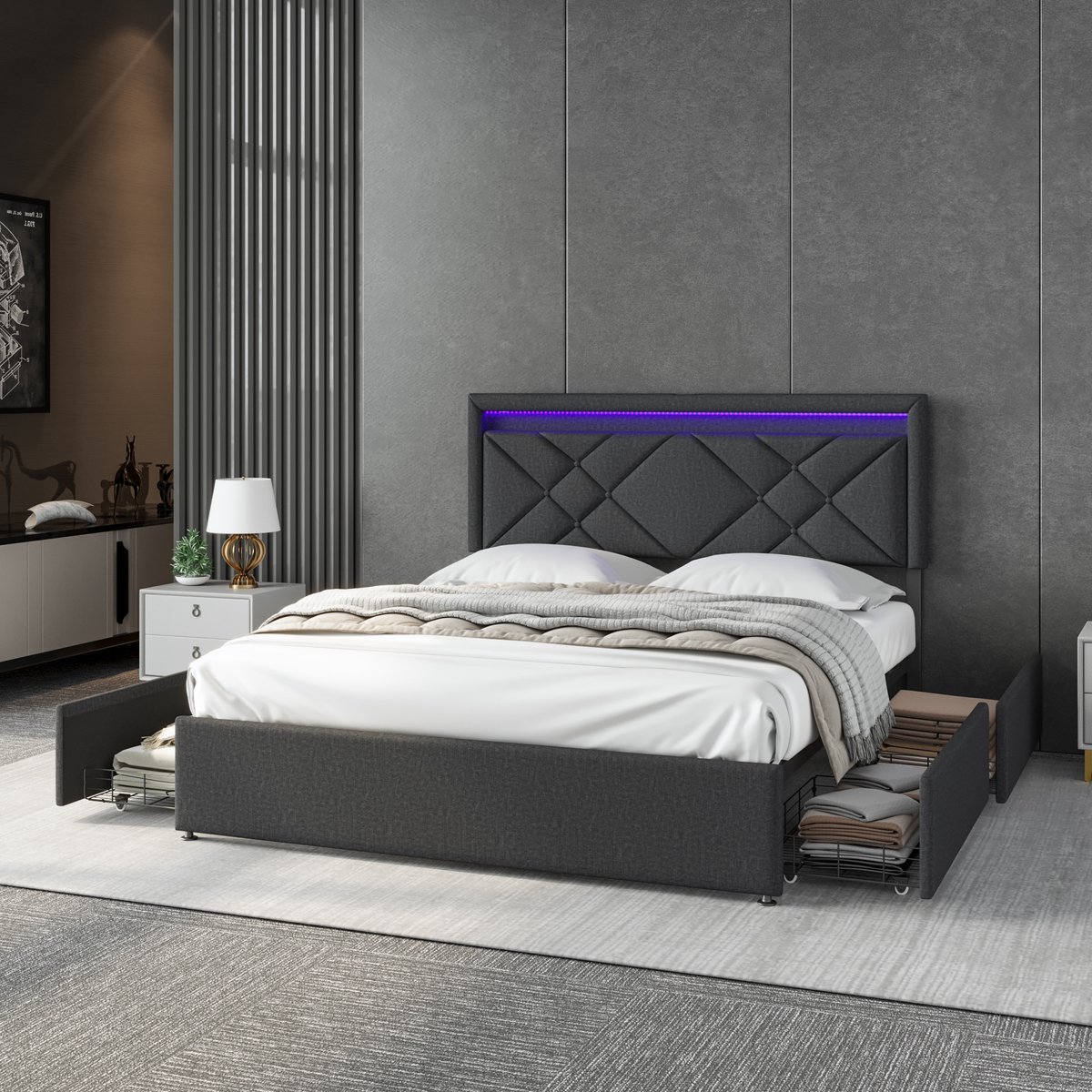 Tweepersoonsbed 160x200cm met lattenbodem, 4 lades, LED en USB/Type-C, massief hout, linnen, grijs