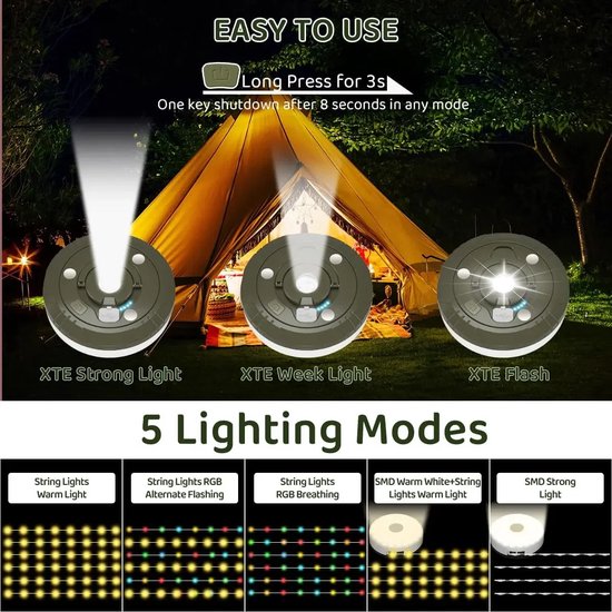 Camping lamp - Camping Lichtsnoer 10 Meter - Ambience Strip - Oprolbaar - Oplaadbaar - Warm-Wit - Tentlamp Verlichting - Waterproof IP44 - Led-campinglamp oplaadbaar met USB C - Draagbaar - Camplamp - voor Camping, Tuin en Wandelen - 1 Stuk — afbeelding 3