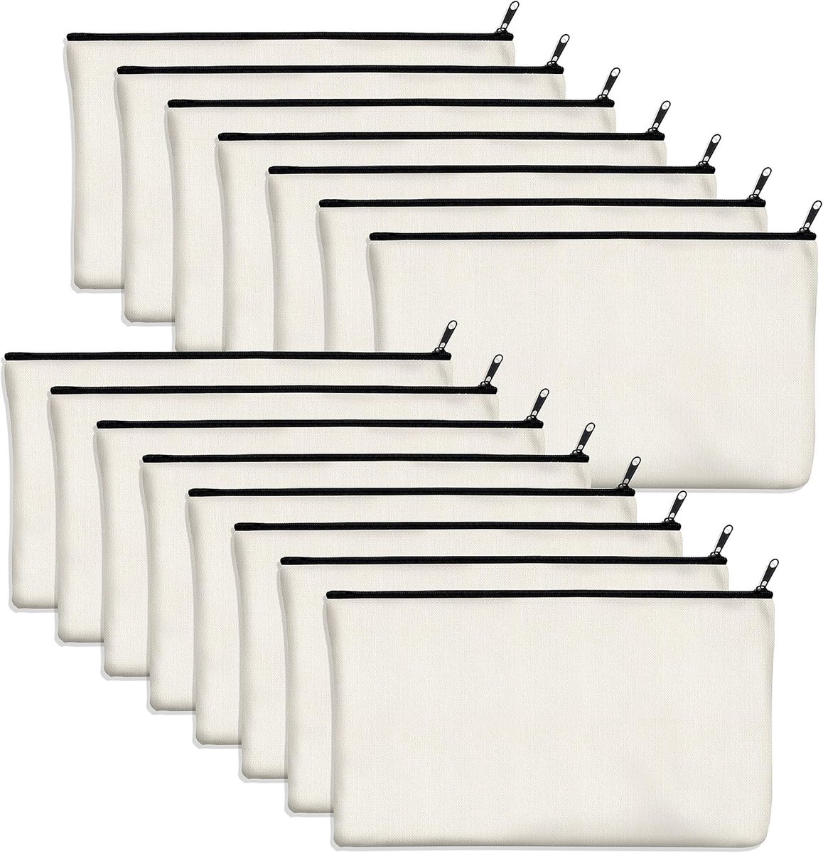 15 Stuks Katoen-Linnen Zakjes met Ritssluiting - Voor DIY, Make-up & Pennen - Beige met Zwarte Rits
