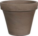 Bruine terracotta pot met een gedecoreerde rand.