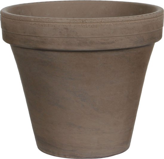Bruine terracotta pot met een gedecoreerde rand.