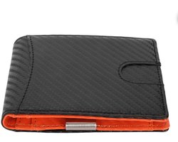 Heren Slanke Portemonnee – 10 Kaartsleuven – Leren Geldclip – RFID-Blokkering – Bifold Voorzakformaat – Compacte Dunne Herenportemonnee – Zwart met Oranje Binnenkant