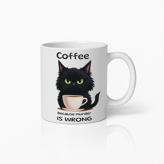 Tasse à café humoristique avec chat noir – « Café parce que le meurtre est mal » Cadeau Humour pour amoureux des animaux