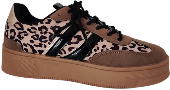 POSH by Poelman LILY Dames Sneakers - Bruin Met Beige - Maat 41