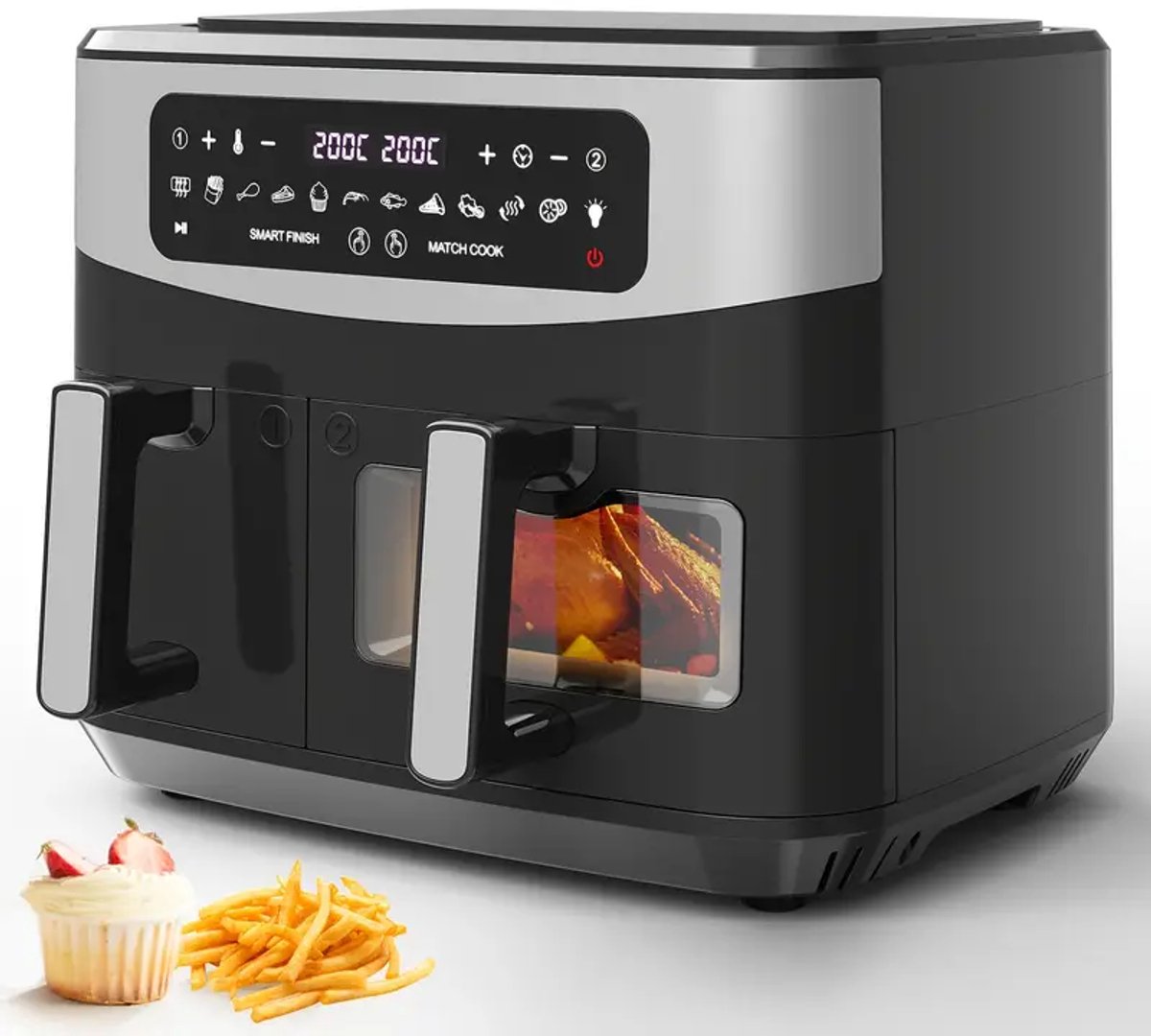 Afbeelding 3 van 10L Dual Zone Airfryer Oven – XXL 2600W – Dubbele Mand (4L + 6L) – Met Kijkvenster & Touchscreen – 12-in-1 Programma’s – Olievrij Gezond Koken – 3D Hete Lucht Technologie – Zwart