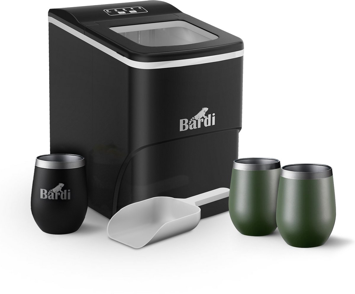 Bardi IJsblokjesmachine Set - 2 Liter Zwart - 12KG IJsblokjes in 24 uur - met IJsschep - Inclusief 3 Luxe Thermosbekers en Ijsschep - Groen