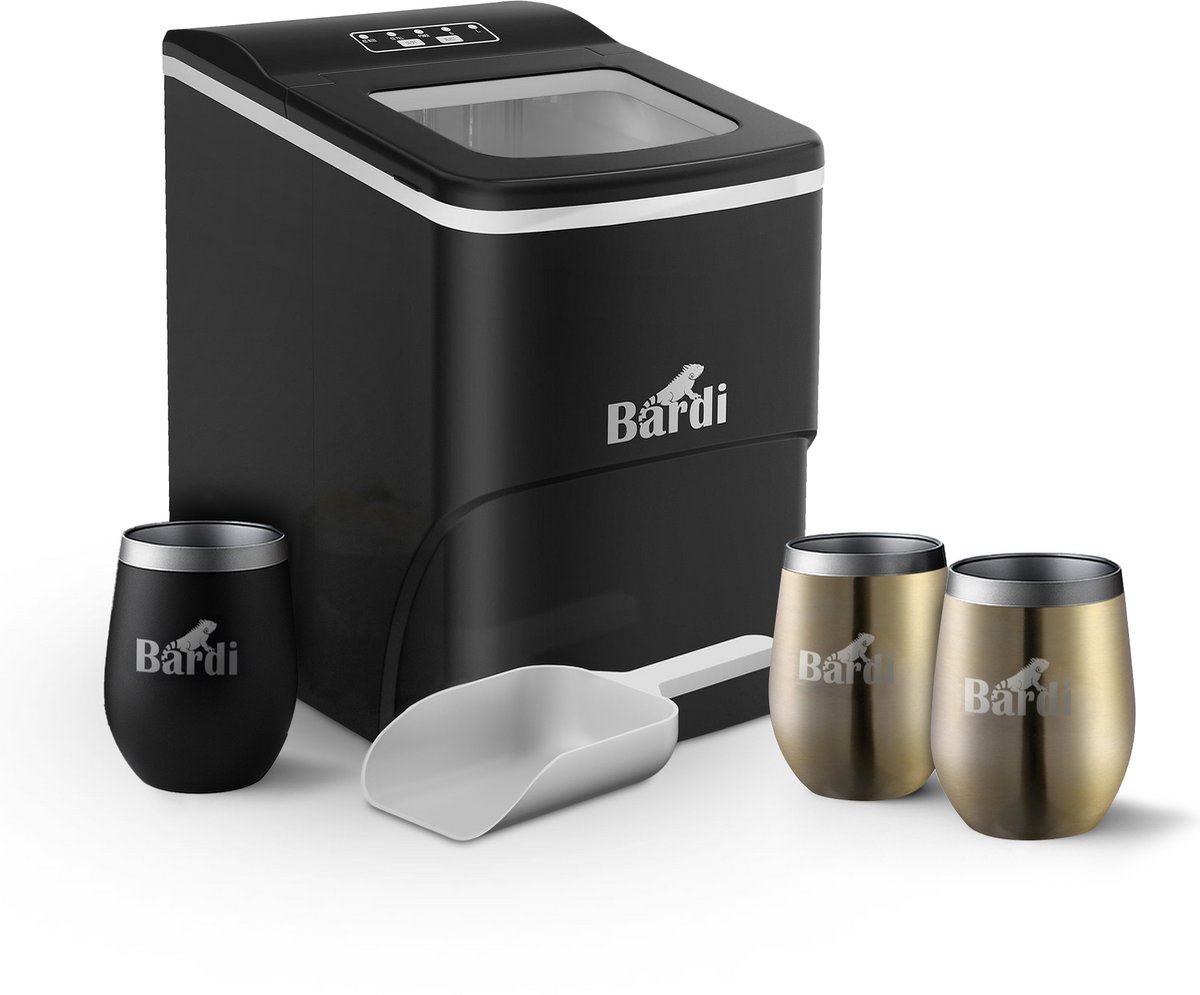 Bardi IJsblokjesmachine Set - 2 Liter Zwart - 12KG IJsblokjes in 24 uur - met IJsschep - Inclusief 3 Luxe Thermosbekers en Ijsschep - Goud