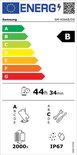 Energielabel van een Samsung SM-A566B/DS smartphone, met energieklasse B, 44 uur 34 minuten gebruiksduur, IP67 waterdichtheid en 2000x batterijduur.
