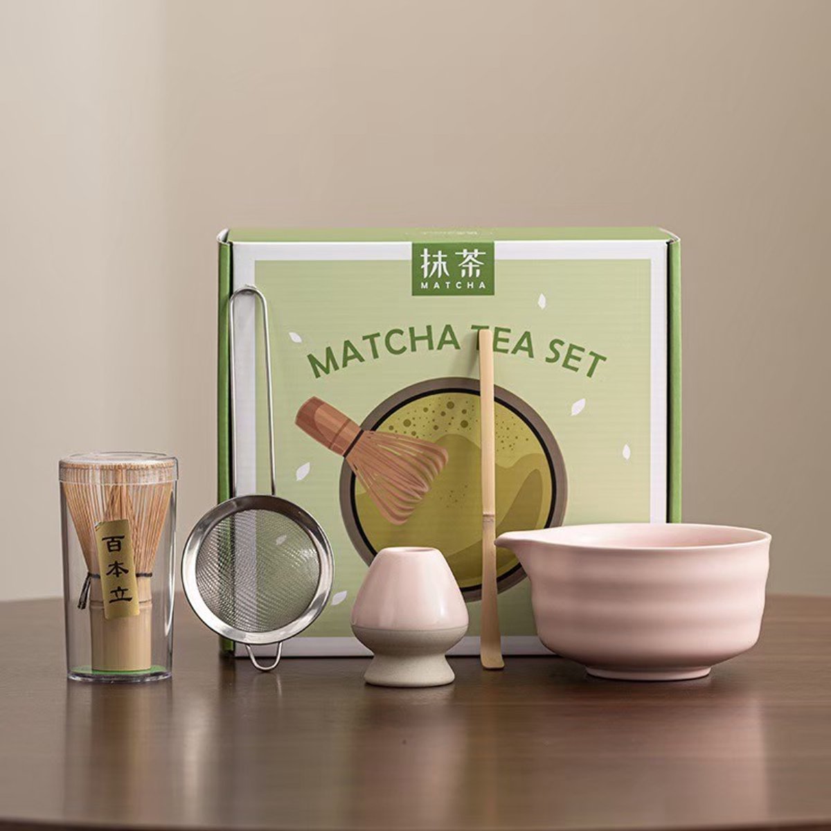 Matchaset 5-delig ‘Kyoto Roze’ – Japanse theeset met chawan (kom), chasen, chashaku, houder & zeef – Keramiek – Luxe matcha cadeau
