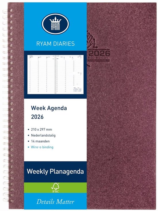 Ryam Weekly Wire-O Wit NL Eco - Agenda 2026 - A4 - Rood - Spiraal - Hardcover