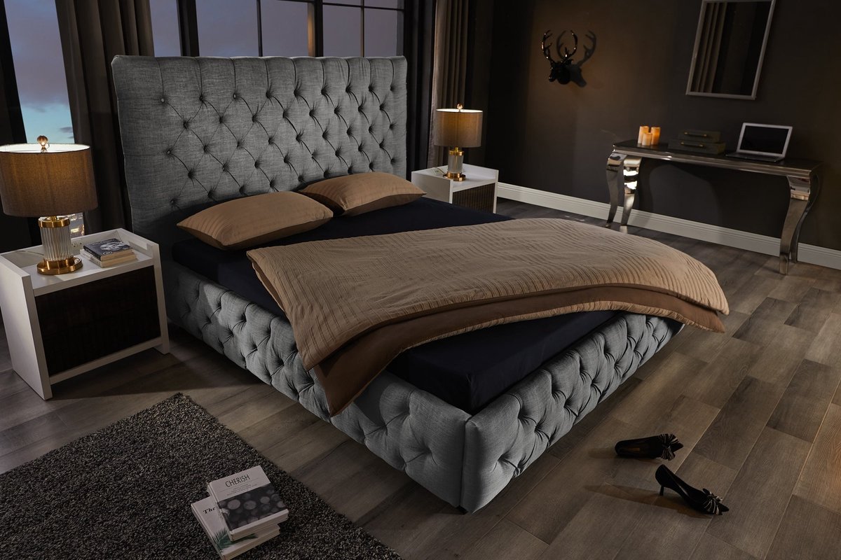 Design bedstee PARIS 180x200cm grijs linnen Chesterfield tweepersoonsbed - 41327
