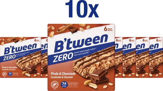 B'tween Zero Pinda & Chocolade - Tussendoortje - Mueslireep - 10 doosjes à 6 x 20g