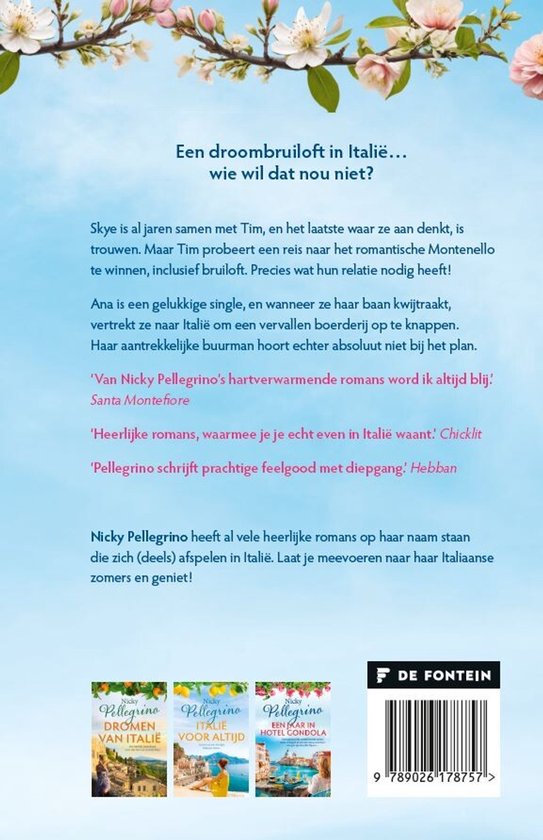 Boekomslag met de titel 'Een droombruiloft in Italië... wie wil dat nou niet?'. Overige boektitels en auteur Nicky Pellegrino worden getoond.