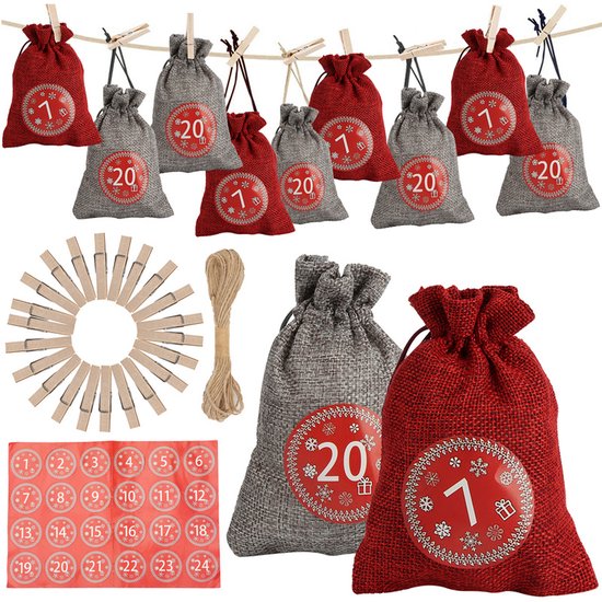 DIY Adventskalender Zakjes - 24 Jute Zakjes - Rode Stickers - Inclusief Knijpertjes en Touw - Adventskalender Zelf Vullen - Kerstdecoratie - Kerst - Kerstcadeau - Aftellen Kerst