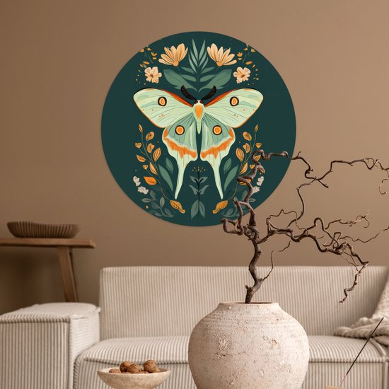 WallCircle® - Papier peint cercle 80x80 cm - Stickers muraux décoratifs - Papillon - Vert - Feuilles - Cercle mural salon - Cercle mural chambre - Décoration de chambre autocollante - Accessoires de Décoration murale