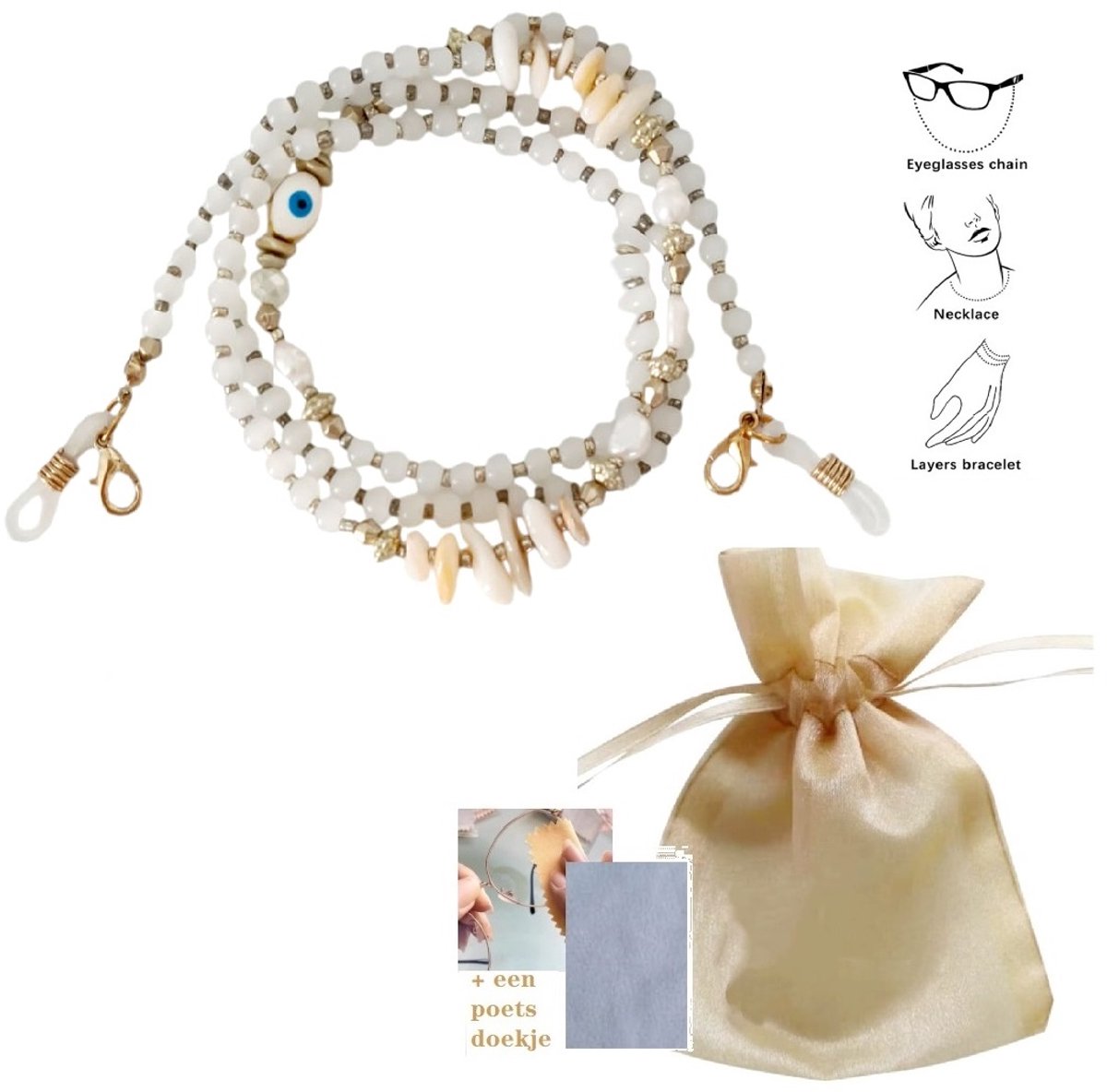Brillenkoord zonnebrillen koord Wit - Youhomy accessoires Brillenkoord Goud Lusje-Kraaltjes- mooie Brillen ketting| Cadeau voor dames | Moederdag| Verjaardag