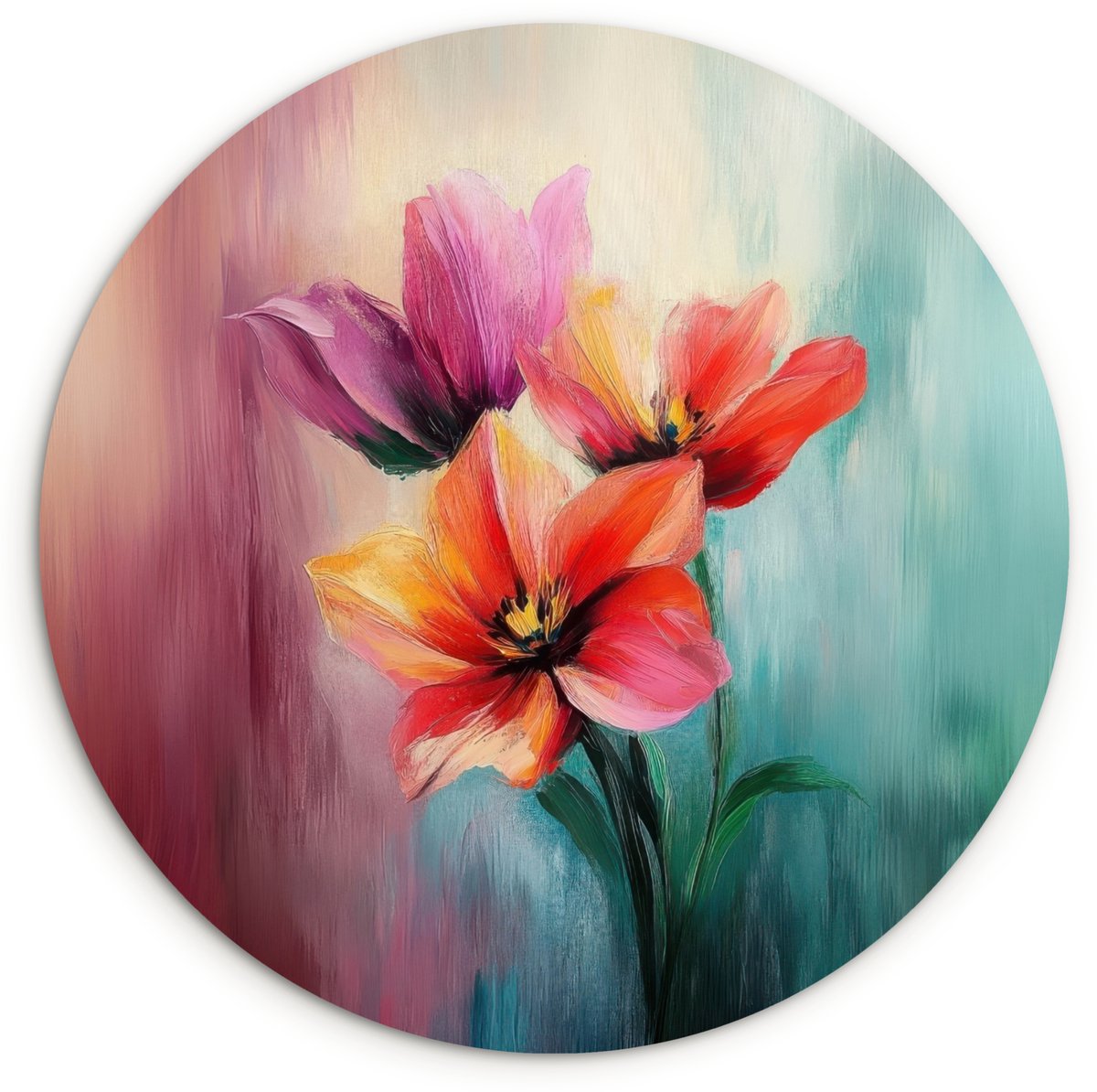 WallCircle Wandcirkel 60x60 cm - Muurcirkel Tulpen - Lichtreflecties - Kleurverloop - Muurdecoratie woonkamer - Wanddecoratie slaapkamer - Kamer decoratie accessoires - Ronde schilderijen Tulpen - Kleurrijk
