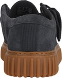 Achterkant van donkerblauwe suède schoenen, met bruine plateauzool.