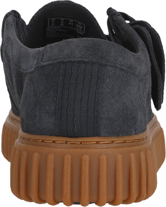 Achterkant van donkerblauwe suède schoenen, met bruine plateauzool.