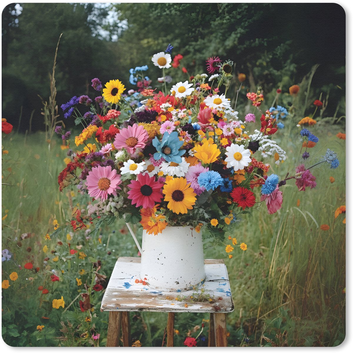 Muismat 30x30 cm - Mousepad Bloemen - Krukje - Gieter - Veld - Muismatten