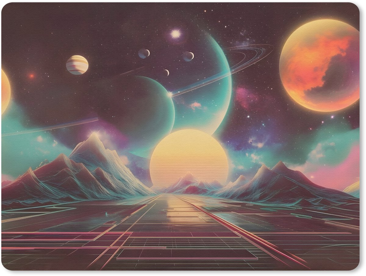 Muismat 23x19 cm - Mousepad Planeten - Neon - Berglandschap - Zon - Muismatten