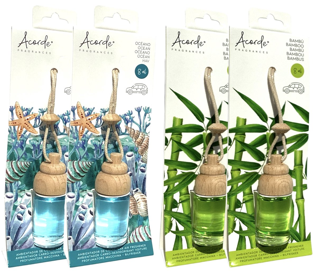 Luchtverfrisser toilet 4x - Oceaan / Bamboe - Ocean / Bamboo - 8 ml - Hanger - Hangers - Verfrisser - Geurverfrisser - Parfum - Geur - Hout - Houten - Geurflesje - Fles - Flesje - Flesjes - Glas - Glazen - Klein - Kleine - Wc