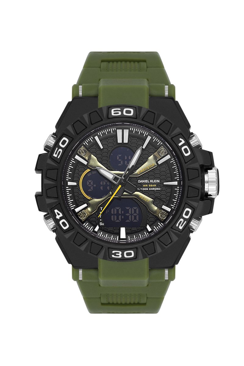 Daniel Klein DK.2220-1 - Horloge - Analoog - Digitaal - Heren - Mannen - Rond - Kunststof band - ABS - Strepen - Cijfers - Start-Stop - Reset - Chronograaf - Tweede tijdzone - Licht kaki- Zwart - Zilverkleurig - Lichgroen - Geel- Wit - Grijs