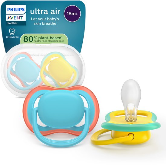 Trois sucettes Philips Avent Ultra Air. Deux dans un emballage, en bleu pastel avec bordure rose et jaune avec bordure verte. Une sucette séparée bleu clair avec bordure rose.