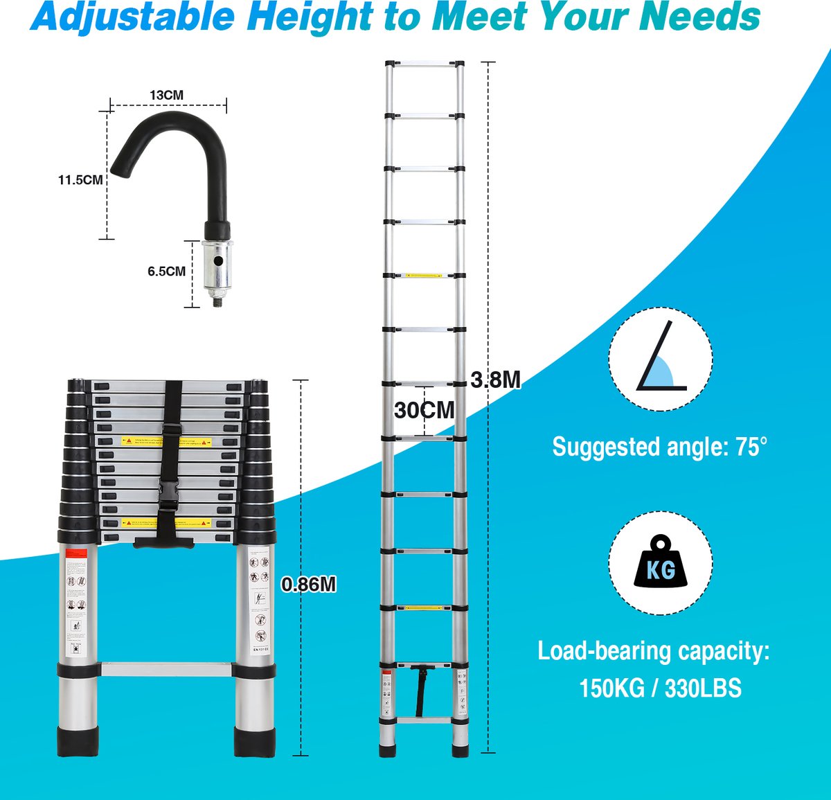 Telescopische Ladder - Telescoopladder - 3,8m zilver + haak, Max. Belasting 150 kg, Compact en Draagbaar met Soft Closing Systeem, Geschikt voor Particulier en Professioneel Gebruik, Telescopische Vouwladder – foto 8