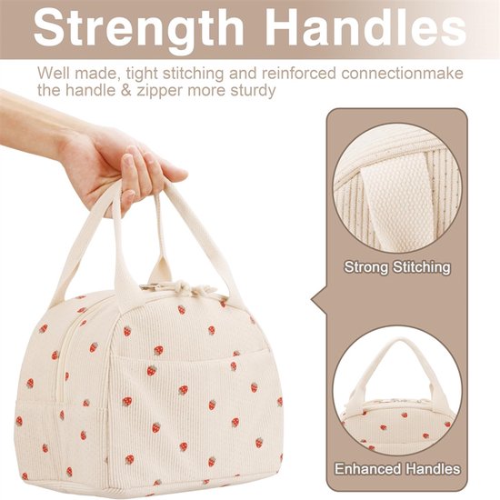 Geïsoleerde lunchtas voor dames en heren, schattige corduroy lunchtassen van aardbei, herbruikbare geïsoleerde lunchbox, lekvrije thermische koelbox met grote capaciteit voor picknick of reizen, beige van FlowFly — afbeelding 2