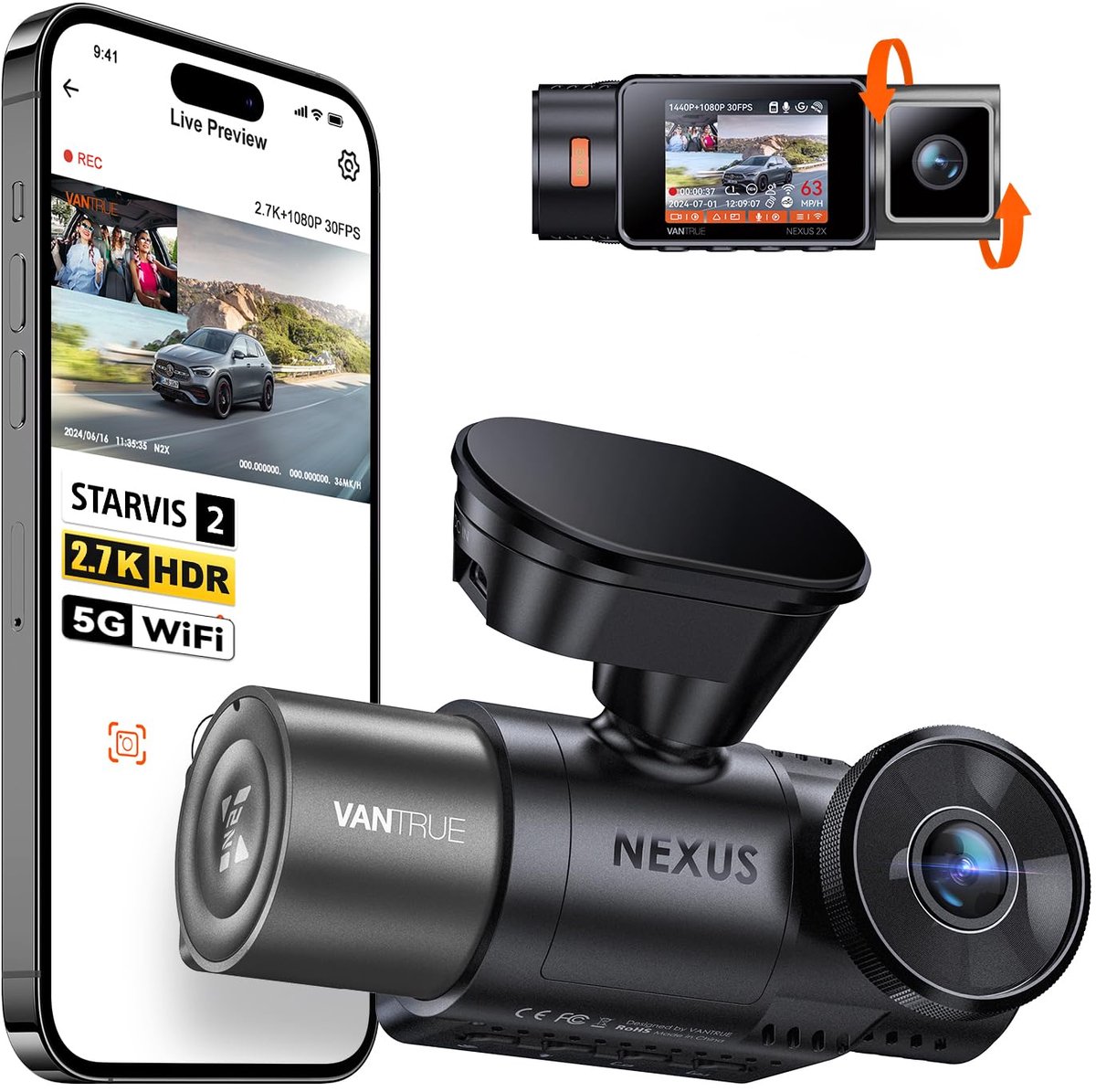 Vantrue N2X 2.7K Uber Dashcam Voor- en Binnenkant, 5G WiFi Dual Dashcam voor Auto met HDR IR Nachtzicht, STARVIS 2, GPS, 2,5K/60 FPS, LTE-ondersteuning, 24/7 Parkeerstand, Spraakbediening, Ondersteuning tot 512GB