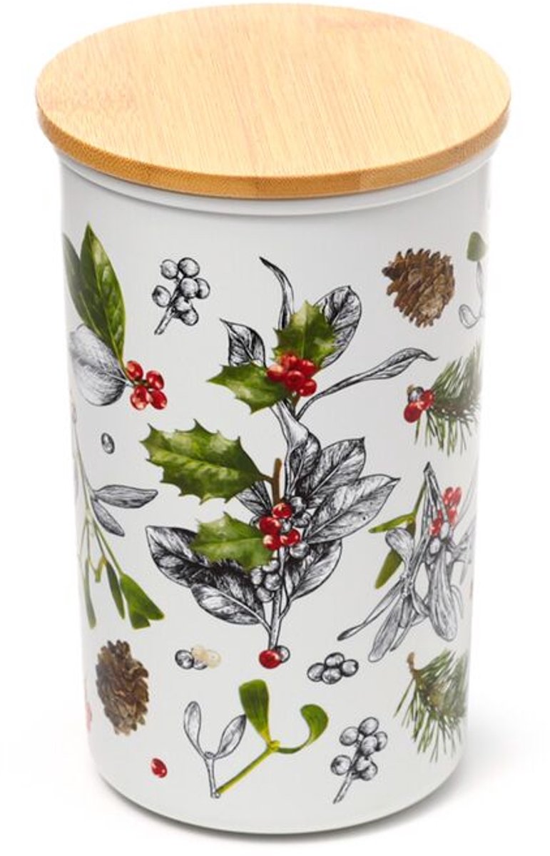 Voorraadpot Winter Botanicals – RPET & Bamboe Deksel – Ø11 x 15 cm – Koffie/Thee/Suiker