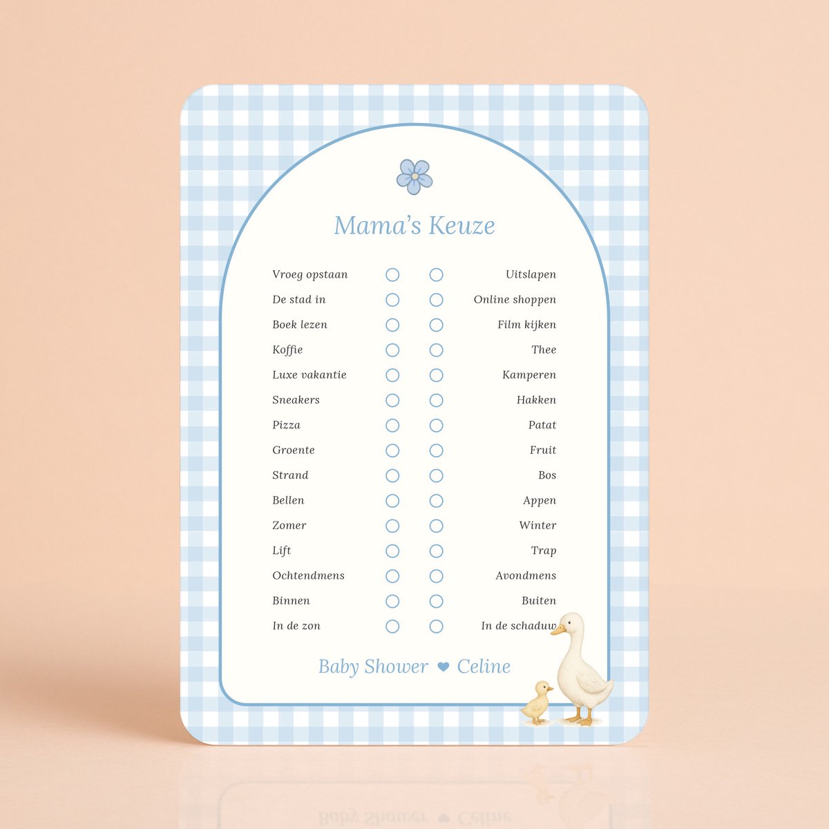 Gepersonaliseerde Babyshower invulkaarten - Mama's Keuze - Gingham Blauw met Gansje - 20 Stuks - Babyshower Cadeau