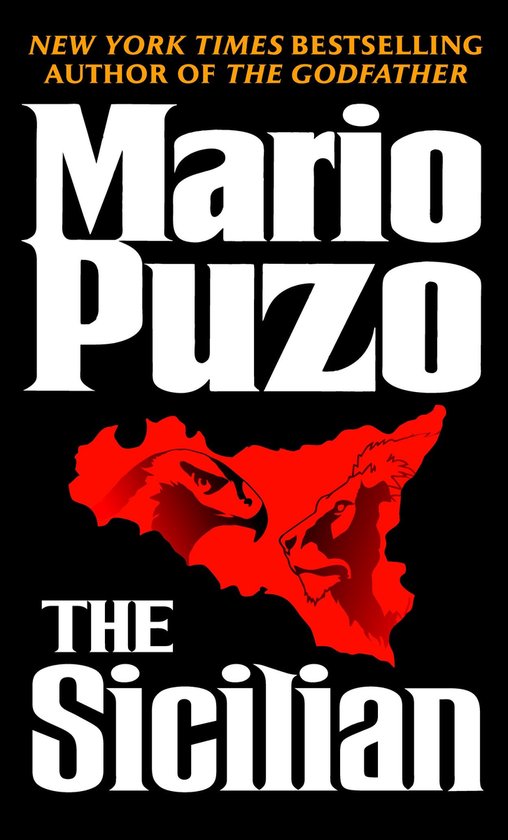Livre "The Sicilian" de Mario Puzo, avec une carte rouge de la Sicile ornée d'un aigle et d'un lion.