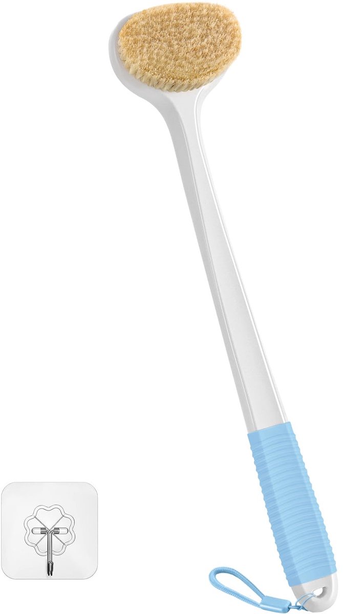 Rugborstel - Met natuurlijke borstels en 43 cm lange antislip steel - Voor douchen, droogborstelen en lymfedrainage - Wit met blauw handvat