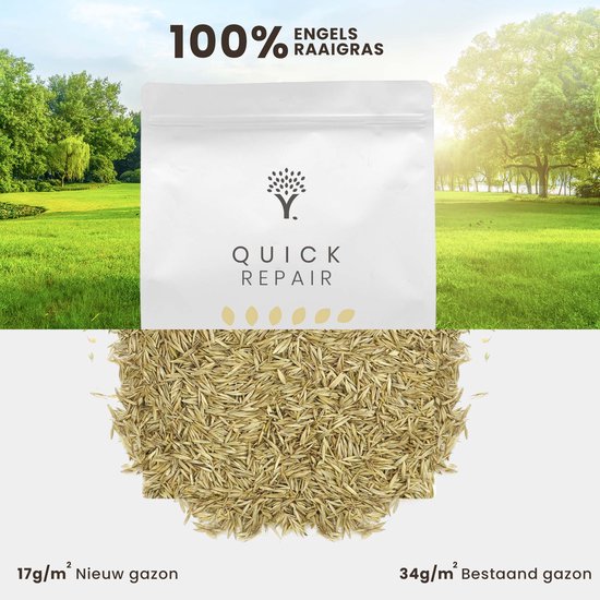 Witte zak met 'Quick Repair' logo, rijtjes gele stippen, 100% Engels raaigras, en graszaad.