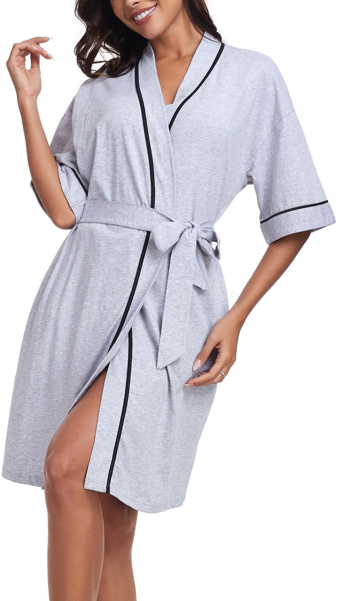Dames Katoenen Kimono Badjas - Lichtgewicht en Comfortabel - Kort Model met Ceintuur en V-hals - Grijs, Maat M