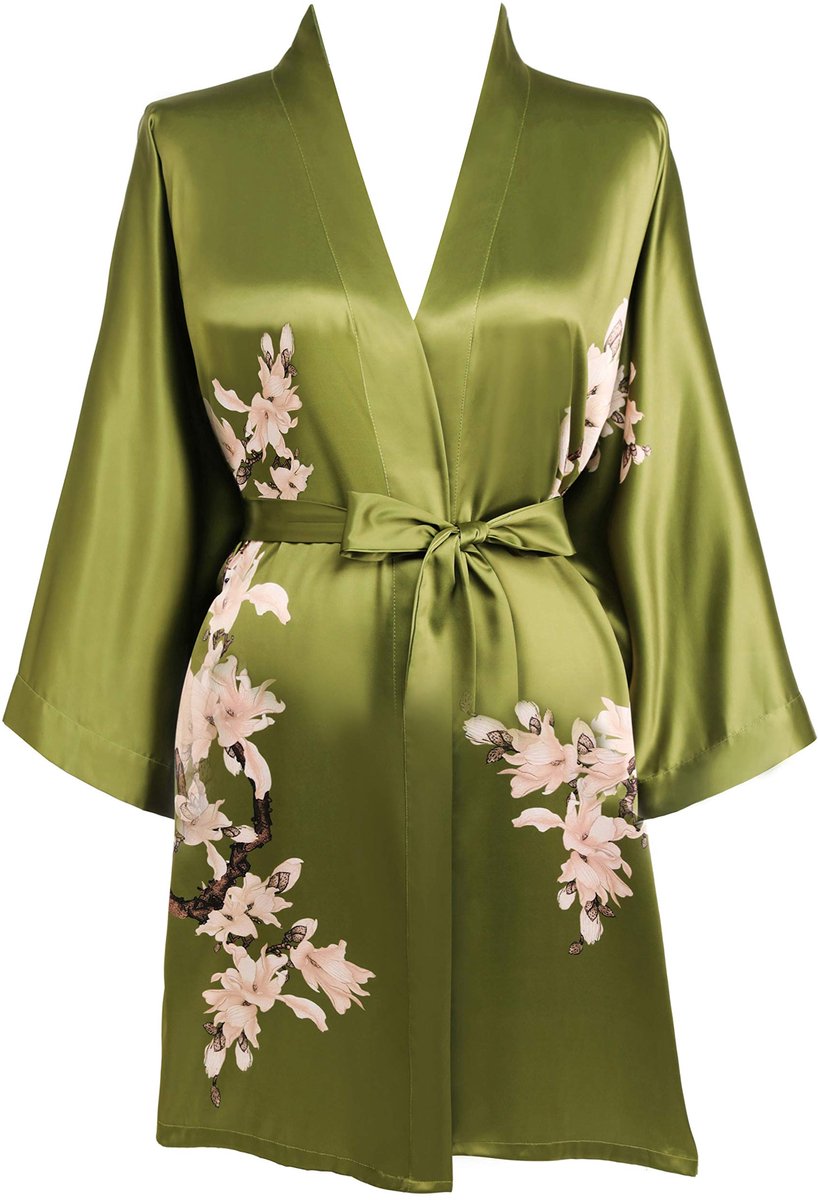Dames Satijnen Kimono - Korte Lichtgewicht met Bloemenprint - Voor thuis, strand en zomer - Groen