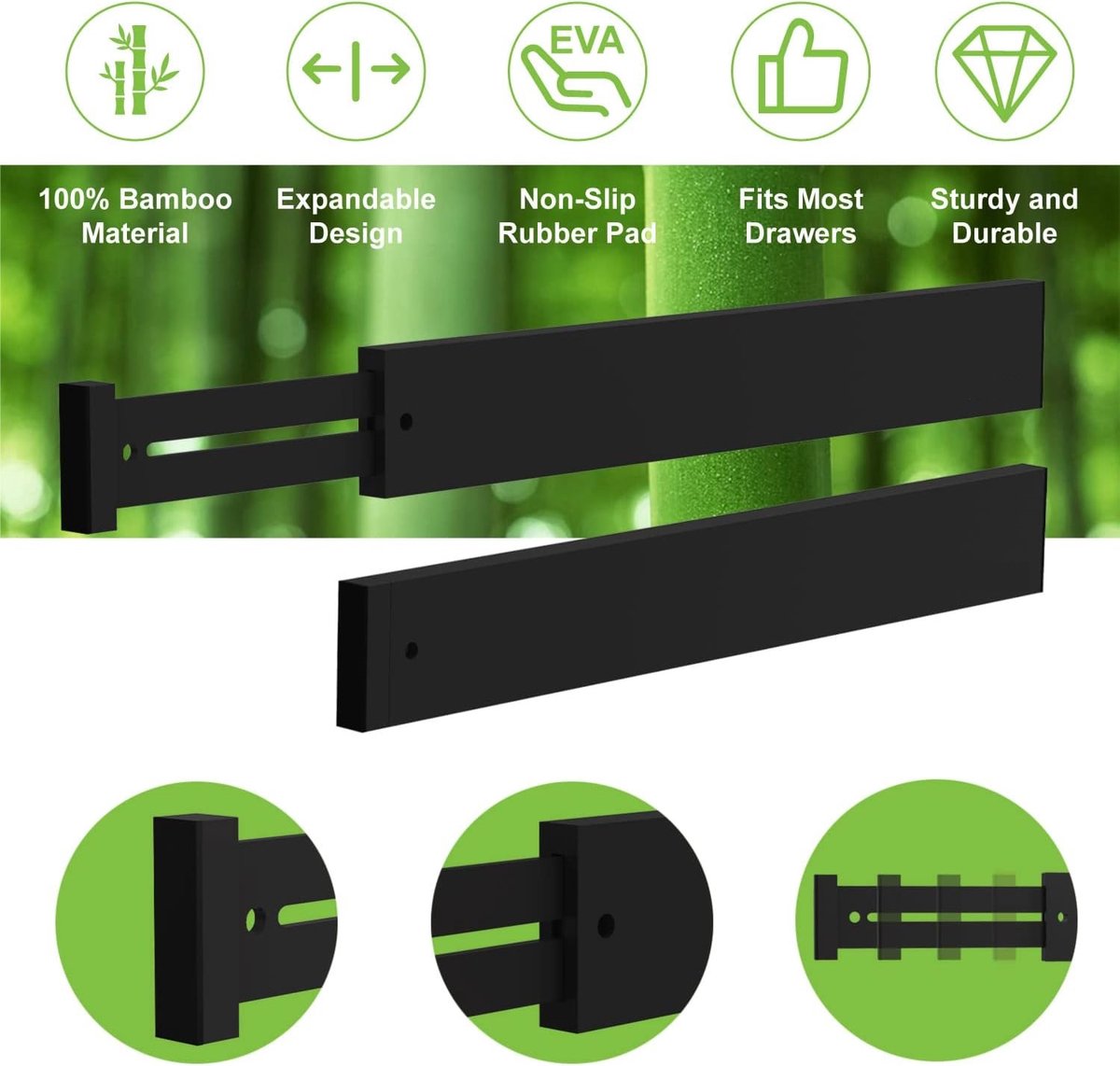 Famanu Bamboe ladeverdelers organizers, uitbreidbare ladeverdelers, splitter, 43-55,9 cm lange verstelbare veerbelaste organizer voor groot gebruiksvoorwerp, kleding, gereedschapslades (zwart)