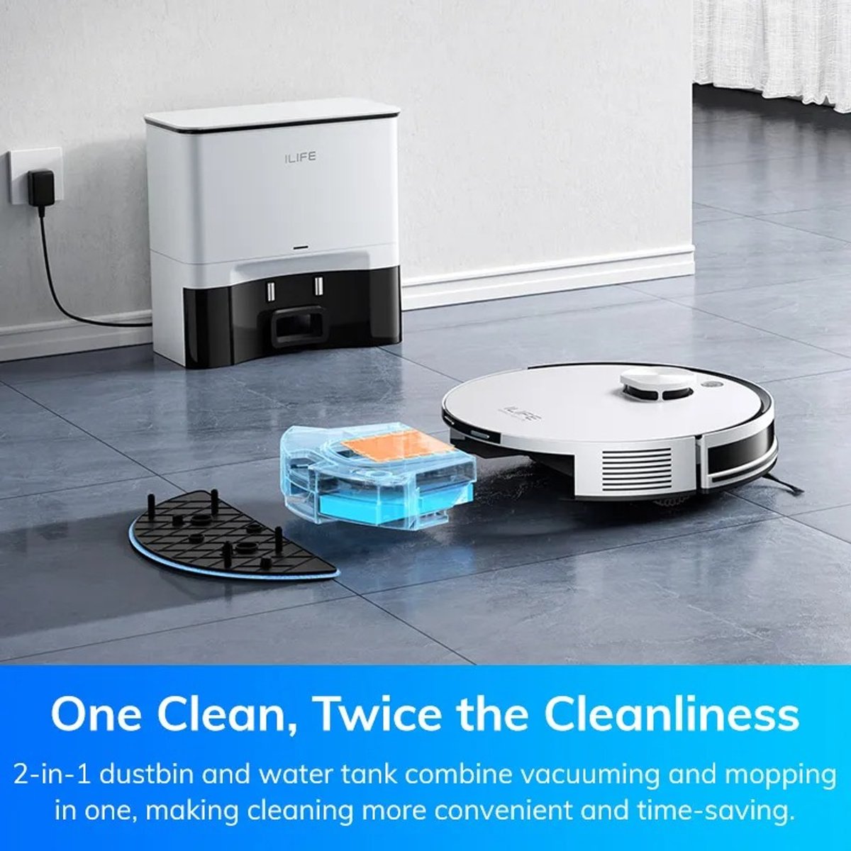 Afbeelding 2 van Everylimit - Robotstofzuiger met Dweilcombinatie - Schoonmaakrobot - Robotcleaner Huishoudrobot - Stofzuigerrobot - Automatisch laadstation - Zelfrijdende Stofzuiger - App/Afstandsbediening - Zelf legen - 60 dagen capaciteit - 5000 Pa zuigkracht