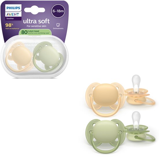 Philips Avent verpakking met een beige en een lichtgroene fopspeen, en twee losse fopspenen ernaast.