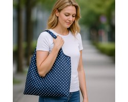 Opvouwbare Polyester Boodschappentas shopper 40x60 cm – Duurzame Herbruikbare Tas Lichtgewicht Met Print in Etui dessin blue white dots