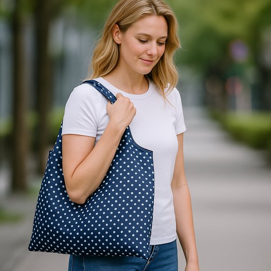 Opvouwbare Polyester Boodschappentas shopper 40x60 cm – Duurzame Herbruikbare Tas Lichtgewicht Met Print in Etui dessin blue white dots