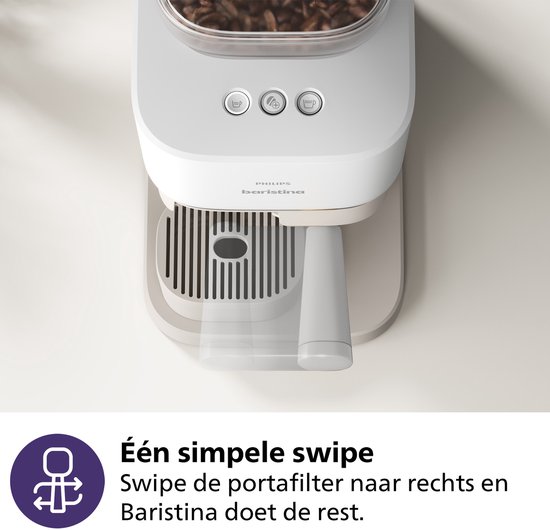 Wit Philips Baristina apparaat met drie knoppen en een transparante bonenbak bovenop. Met "één simpele swipe" tekst.